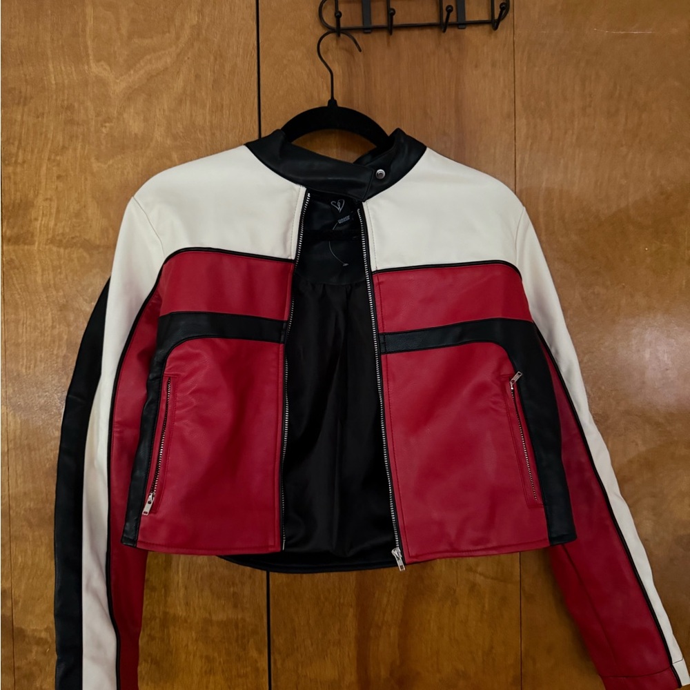 Windsor Red, Black & White Cropped Leather Moto Jacket